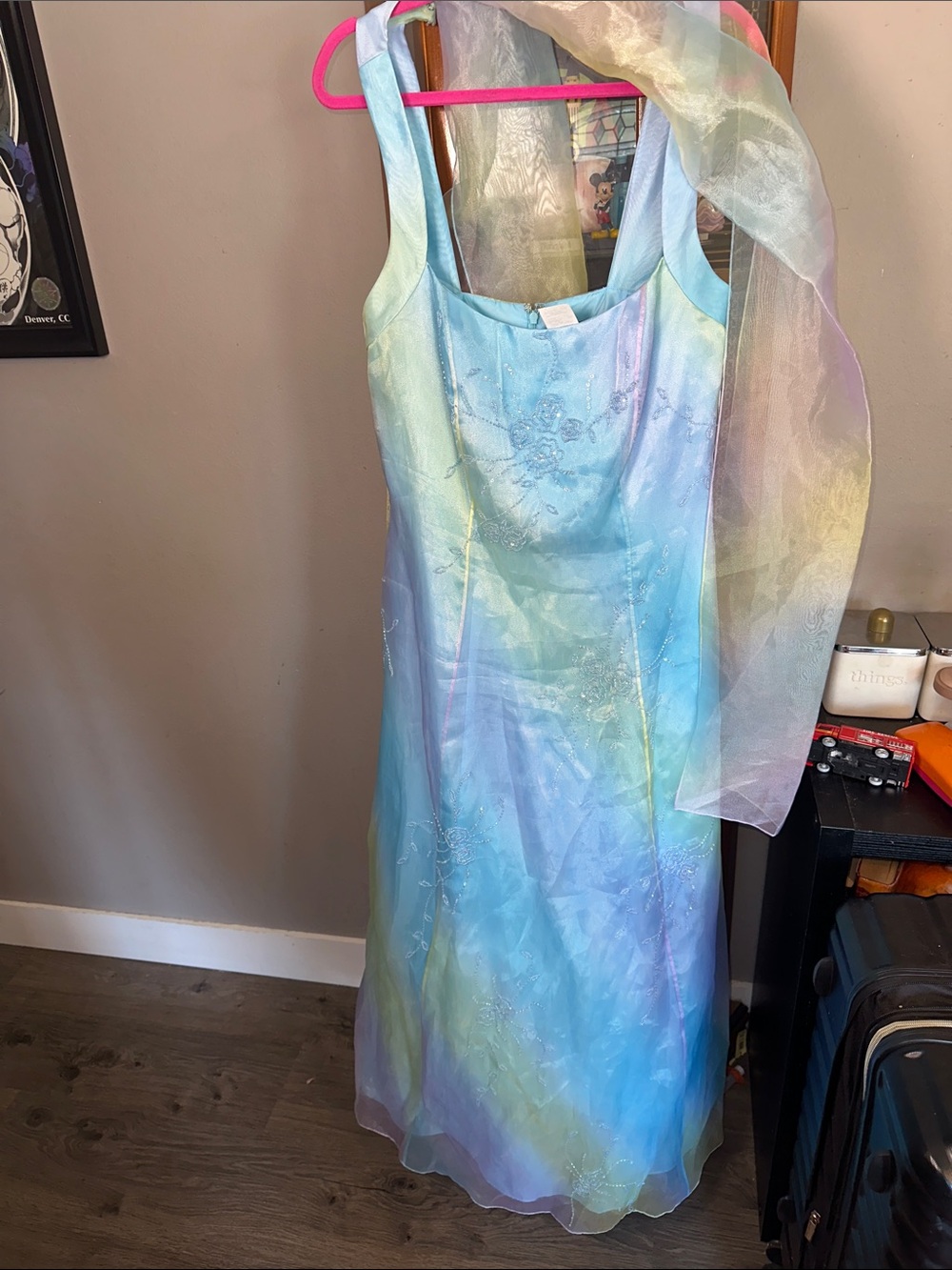 Onyx Nite Pastel Blue & Lavender Ombre Formal Dress with Sheer Shawl